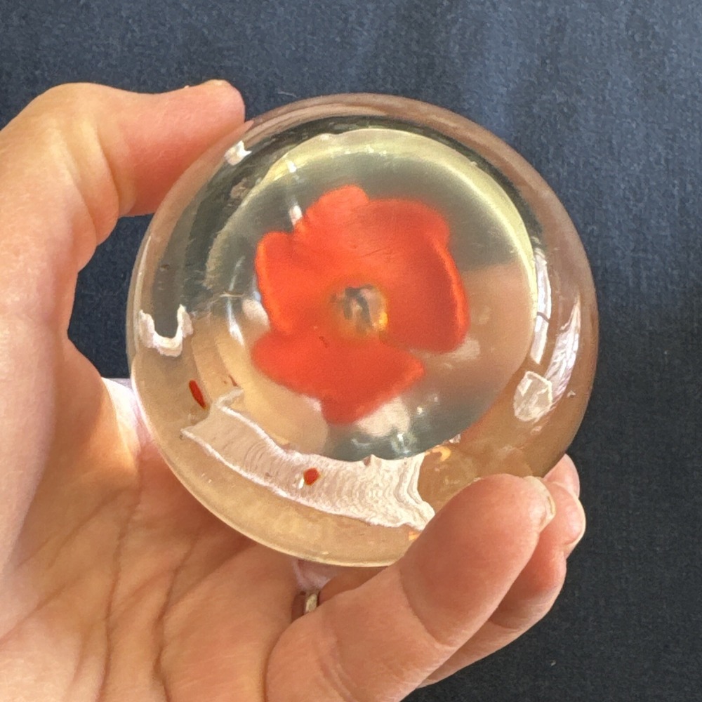 Vintage Art Glass Paperweight Tropical Orange White Flower Controlled Bubble - Picture 6 of 9